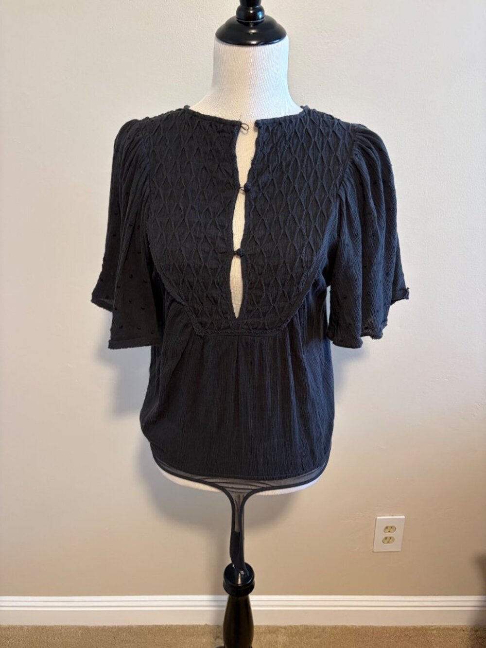 Free People Black Boho Bodysuit With Diamond Textured Yoke & Flutter Sleeves XS